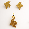 Handcrafted Colombia map jewellery set in 24k gold-plated bronze featuring earrings and pendant, celebrating Colombian heritage and Artisan craftsmanship.