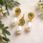 Raw Colombian Emerald & Pearl Earrings & Pendant Set |  24k Gold-Plated Bronze Artisan Jewellery — Casa Bonita